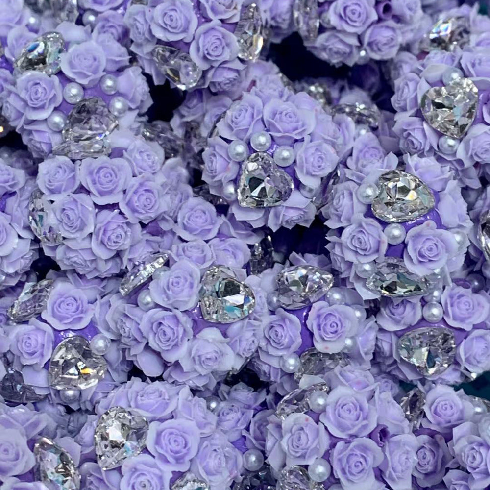 Wholesale  10pcs/pack Luminous four-sided love zircon rose ball can wear straight hole beads DIY mobile phone chain key chain bag chain accessories